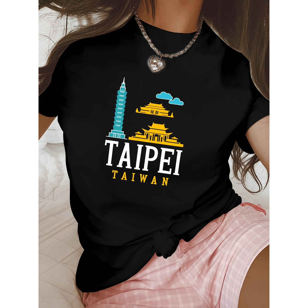 ทีเชิ้ตแขนสั้นสีดำสำหรับผู้หญิง - พิมพ์กราฟิกสถานที่สำคัญของไทเป ไต้หวัน (อาคาร 101 ชั้นและดีไซน์ 10