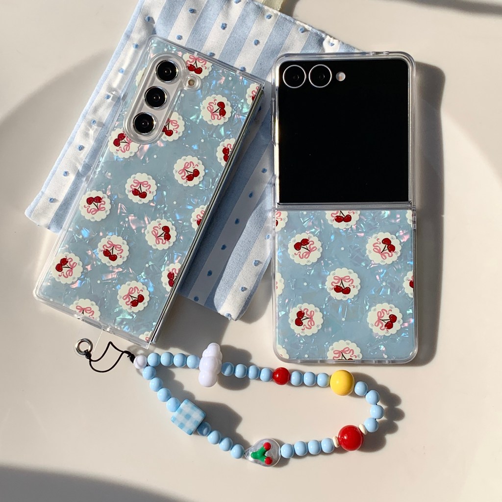 เกลือทะเลสีฟ้า เชอร์รี่ โซ่ห้อยลูกปัด เคส Samsung Galaxy Z Fold 7 6 5 4 พลิกปก Z Flip 7 6 5 4 เคส