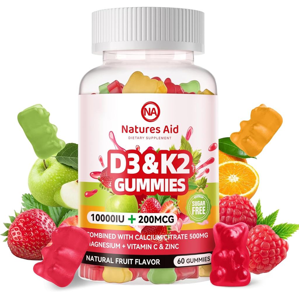 Natures Aid วิตามินปราศจากน้ําตาล D3 K2 Gummies พร้อมแคลเซียม + K2 (MK-7), Magnesium Citrate, Vitami