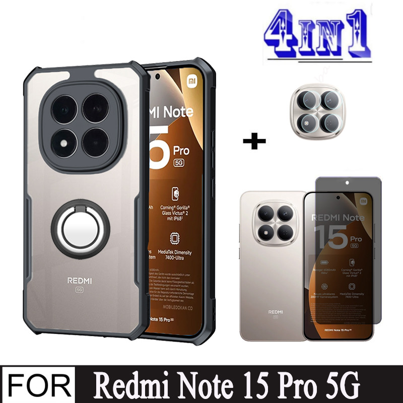 Redmi Note 15 Pro 5Gเคสโทรศัพท์กันกระแทกสําหรับRedmi 15C 14C A5 4in1 Anti-Spy Full Privacy Tempered Peek Glass + ที่วางโทรศัพท์มือถือ + ฟิล์มเลนส์