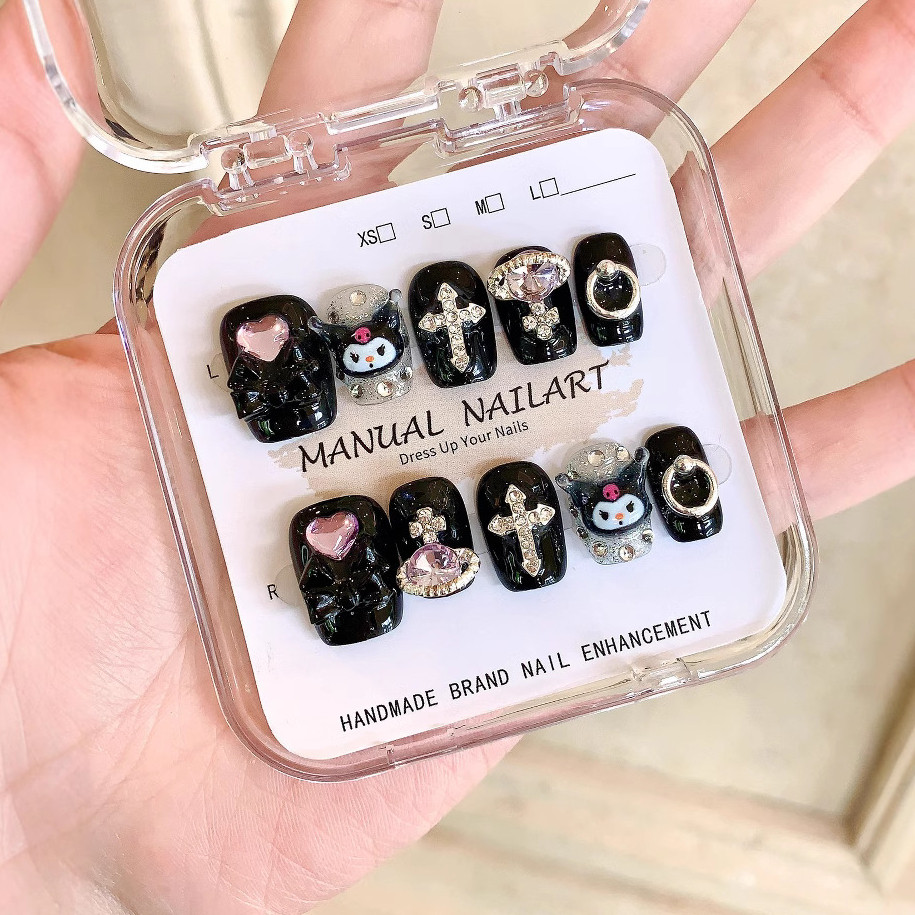 เกรดพรีเมียมHANDMADEเล็บปลอมกดบนเล็บชุดนํากลับมาใช้ใหม่เล็บปลอมเล็บสั้น Shining เล็บปลอมสีดําเล็บสติกเกอร์เล็บฟรีกาวเยลลี่รวมเล็บเจลสําเร็จรูปแท้ 100%