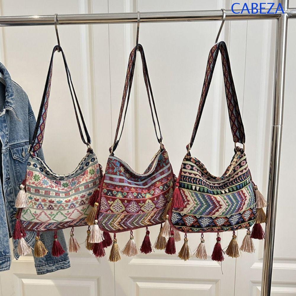 CABEZA กระเป๋าメッเซเชอร์สไตล์โบฮีเมียน, พิมพ์ลายพู่ ขนาดใหญ่ จุของได้มาก ทรงเรขาคณิต สำหรับกลางแจ้ง