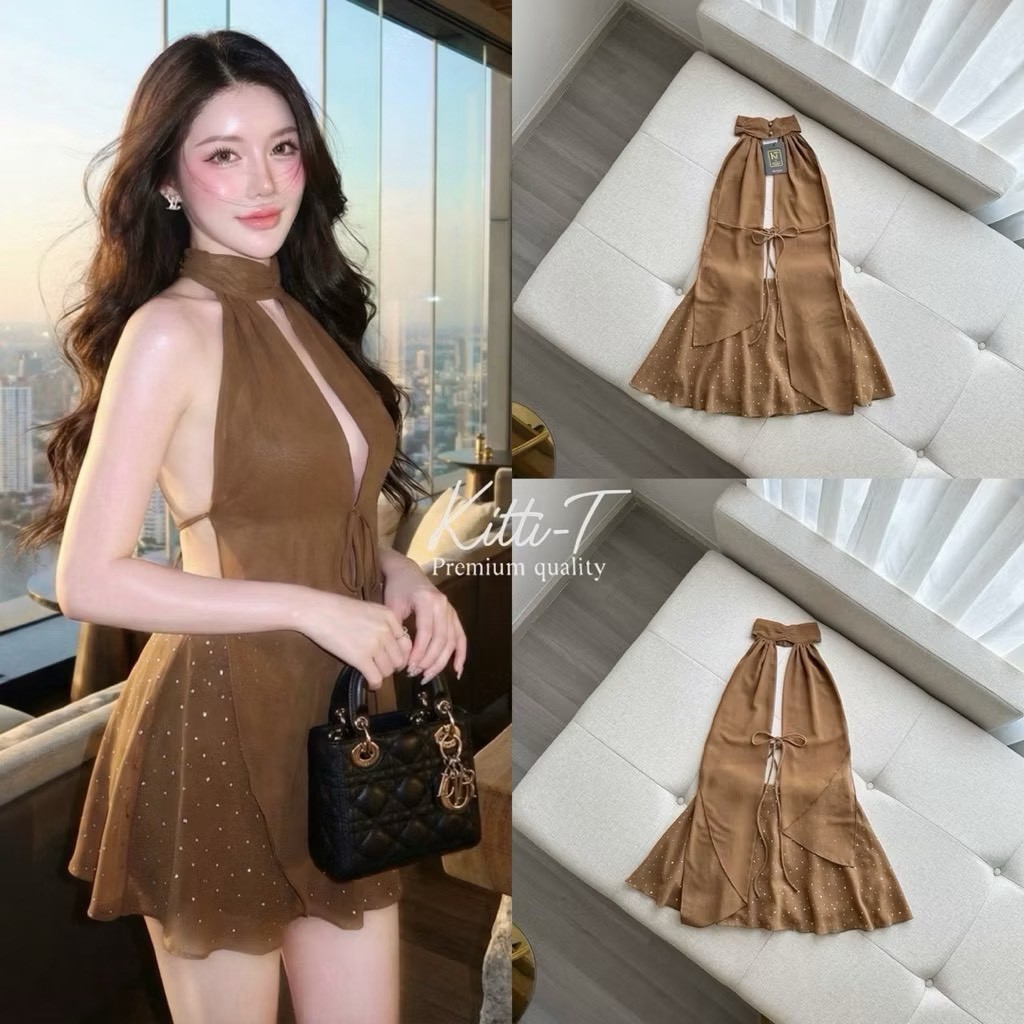K.sp (พร้อมส่ง) Kitti241  Set2ชิ้น เสื้อ+กระโปรงสีน้ำตาลคาราเมล ดีไซน์สายผูกคอ เปิดหลัง โชว์ไหล่