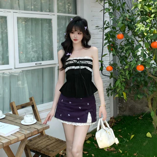 Miko☀️พร้อมส่ง💖เสื้อครอบอก ฝรั่งเศส ประดับลูกไม้ละเอียด สายเชือกผูกเอวกระชับ เชื่อกผูกหน้าอก มีฟ้องน้ำ ทรงครอปสวมข้างนอก