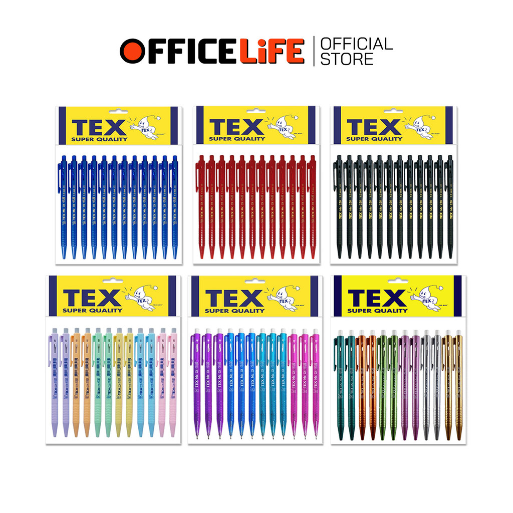 TEX (เท็กซ์) ปากกาลูกลื่น ปากกา รุ่น MC228 รวม ด้ามทึบ / ใส / พาสเทล / เมทัลลิค  ( 12 ด้าม / แพ็ค คล