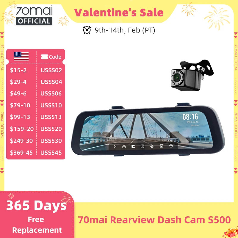 9.35 นิ้วเต็มหน้าจอ 70mai กล้องมองหลัง Dash Cam S500 1944P Auto Cam 138FOV 70mai S500 กระจกรถ Record