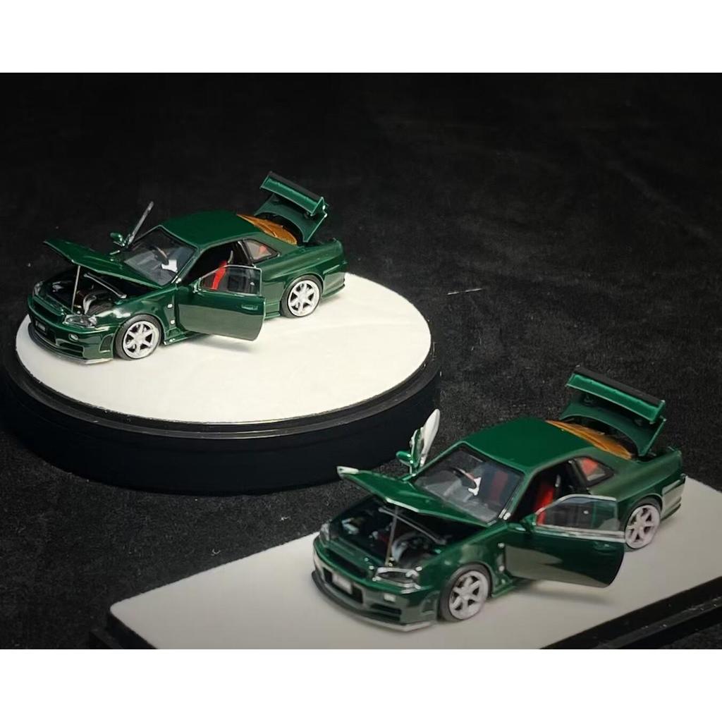 คลังสินค้าพร้อม PGM 1: 64 Nissan Nissan GTR R34 British Green Alloy Full Open โมเดลรถจําลอง