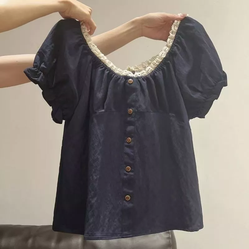 ส่งไวจากไทยBreezeS-3XL ลูกไม้ขอบเสื้อคอวีผู้หญิงบวกขนาดพอดีหลวมเกาหลีสั้นผู้หญิงฤดูร้อนแขนสั้นเสื้อยืดด้านบน