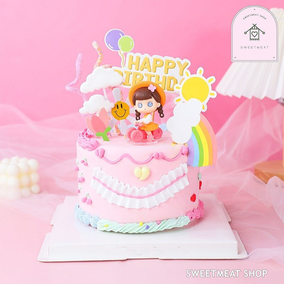 [พร้อมส่งจากไทย ] ตุ๊กตาแต่งเค้กวันเกิด ตุ๊กตาเด็กหญิงขี่จักรยาน ดอกไม้