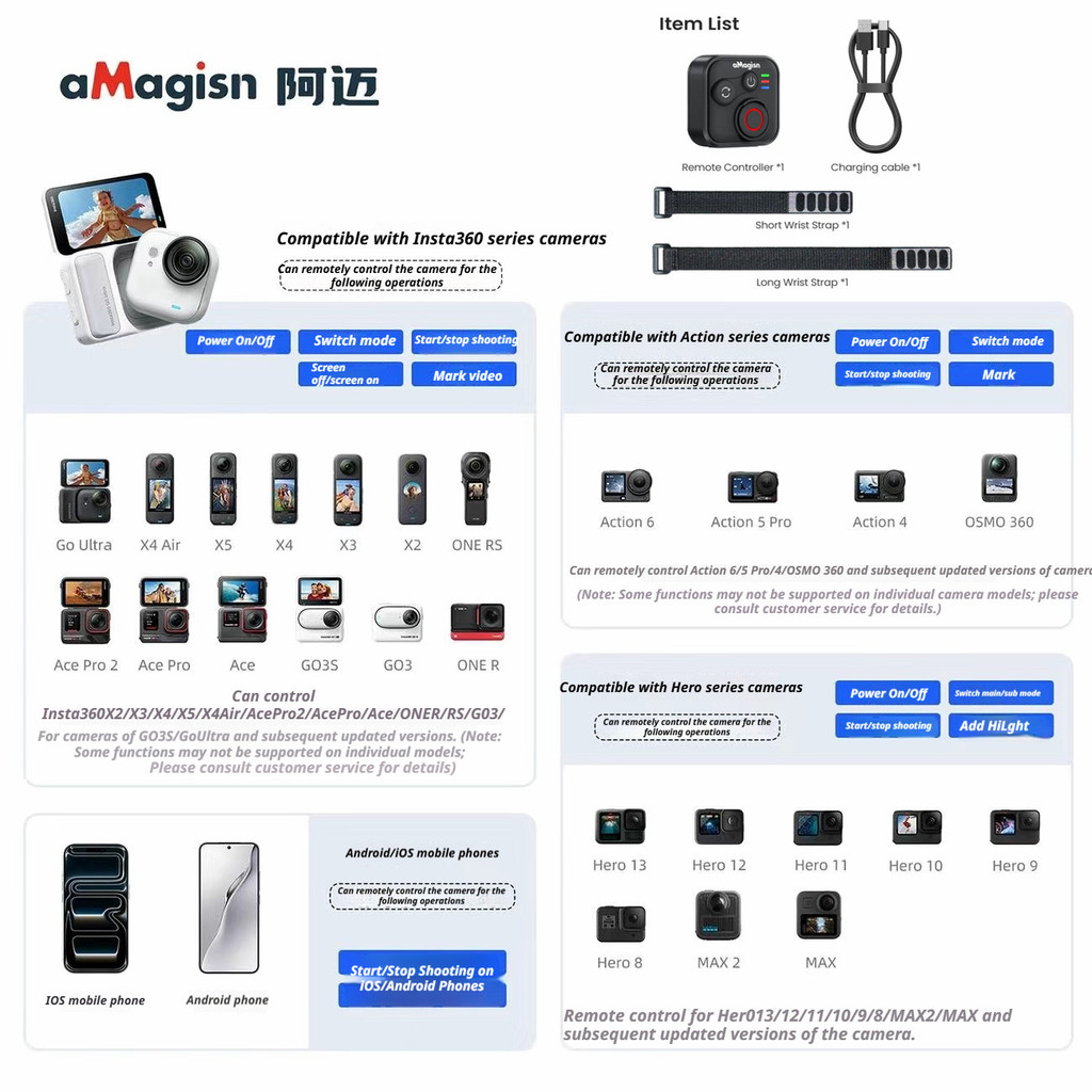 AMagisn 50MบลูทูธรีโมทคอนโทรลสําหรับLnsta360 X5/X4 AIR/AcePro 2/GO ULTRA/GO 3S/GoPro 13/DJI 360/ACTI