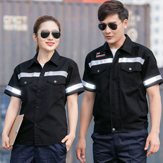 (โปรโมชั่นพิเศษ) เสื้อช็อปดำแขนสั้นแถบสะท้อนแสง พร้อมตีนตุ๊ก…