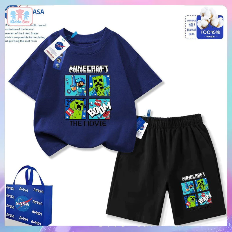 Kiddo Box สุดหล่อ กางเกงขาสั้นแขนสั้นฤดูร้อนตัวใหม่สำหรับเด็กชายและเด็กหญิงทั้งขนาดกลางและใหญ่