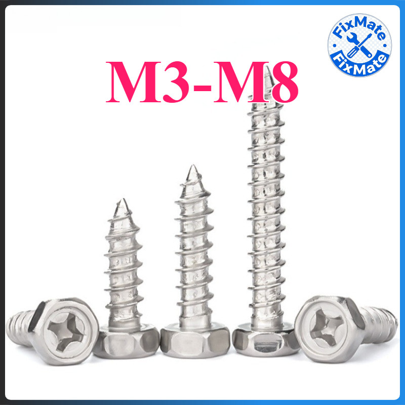 สกรูเกลียวปล่อย [หัวเหลี่ยมมีแฉก] สแตนเลส 304 ปลายแหลม M3-M8 Hex Flange Phillips Head Self Tapping Screws SUS304(FM-1)