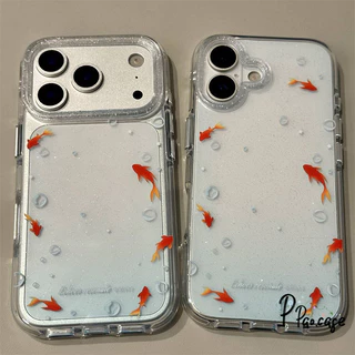 เคสไอโฟน17 13 15 เคสผงวาว ลายปลาทองสีฟ้าน่ารัก สำหรับ IPhone 17 16 11 13 14 12 15 Pro Max Air 7 8 15 16 Plus XR X