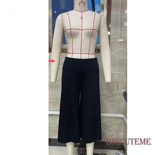 กางเกง Capri สบายเอวสําหรับผู้หญิง,กางเกงครอปขากว้างแนวราบสีทึบหลวมสบาย ๆ