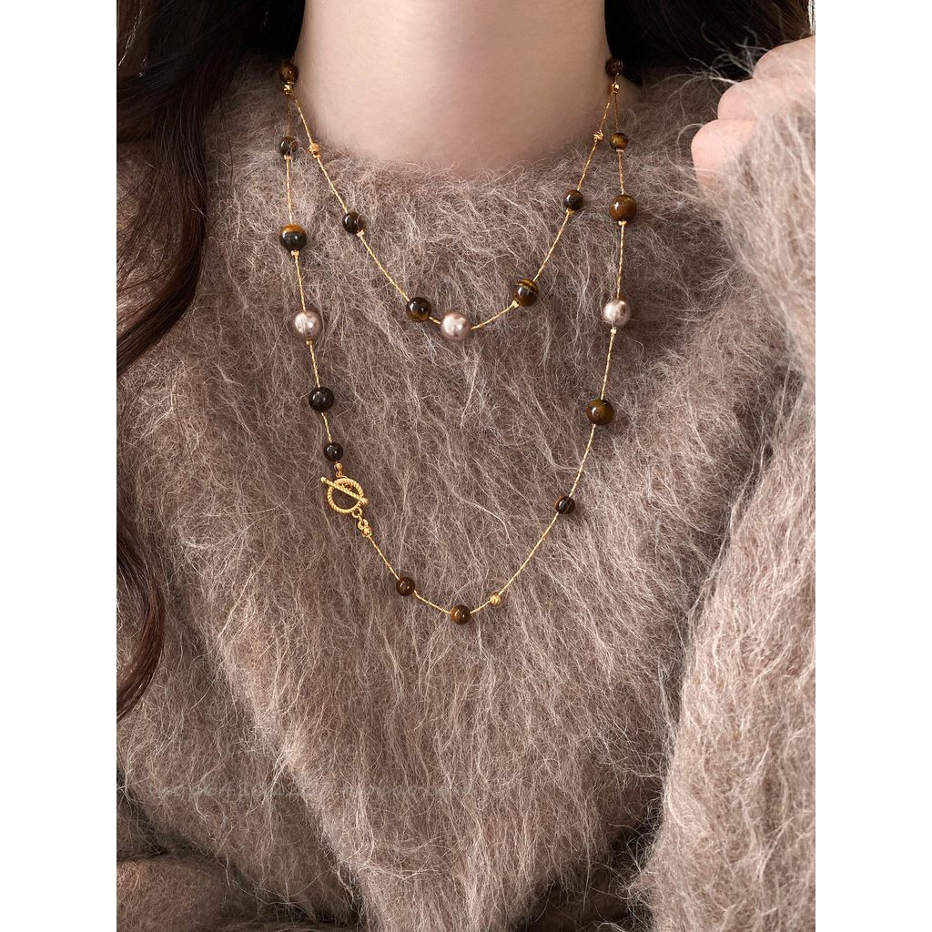 Maillard Vintage เลียนแบบ Tiger Eye Pearl ลูกปัดสร้อยคอหรูหรา Niche Elegant Woolen Chain ฤดูใบไม้ร่ว