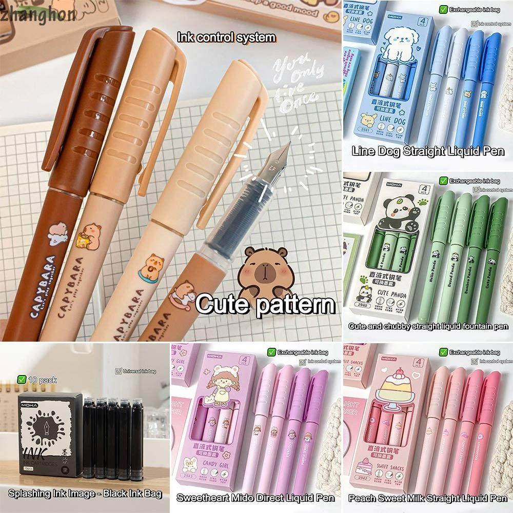ZHANGHONG ปากกาหมึกซึมรีฟิล 4 ชิ้น, หมึกสีดํา Quick-drying Capibara Fountain Pen, น่ารัก EF Tip Replacable Ink Fountain ปากกา Office School