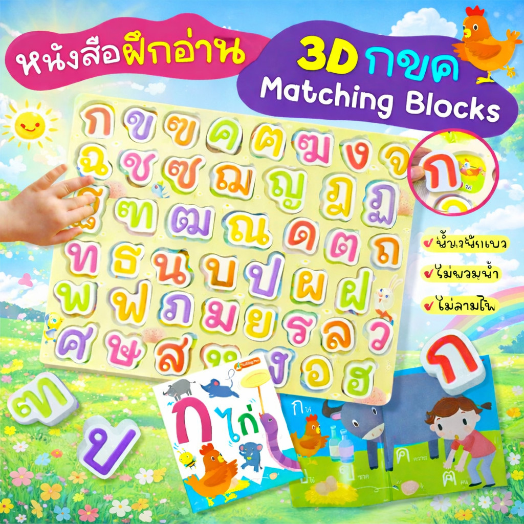 3D กขค Matching Blocks -- 3D ABC Matching Blocks  พร้อมหนังสือฝึกอ่านสำหรับเด็ก