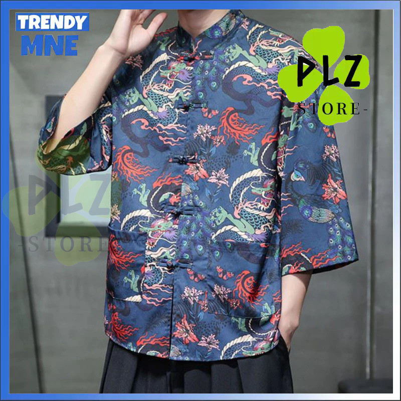 T Tang ชุดฤดูใบไม้ผลิผู้ชาย Tang ชุดแขนสั้นเสื้อยืด High-End สไตล์พิมพ์ปุ่ม Beach Three-Quarter เสื้