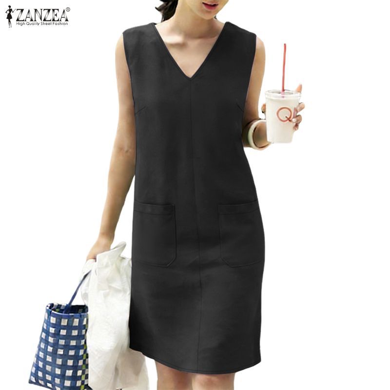 ZANZEA Sundress แบบวินเทจเกาหลี แขนกุด ยาวถึงเข่า สำหรับใส่วันธรรมดาหรือโอกาสต่างๆ