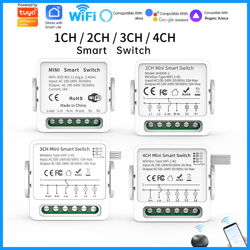Tuya สมาร์ทสวิทช์ 1/2/3/4 Gang WiFi สวิตช์ไฟ 2 ทิศทาง 3 ทิศทาง 4 ทิศทาง Mini Smart Breaker Smart Life Control Alexa ทํางานร่วมกับ Google Home