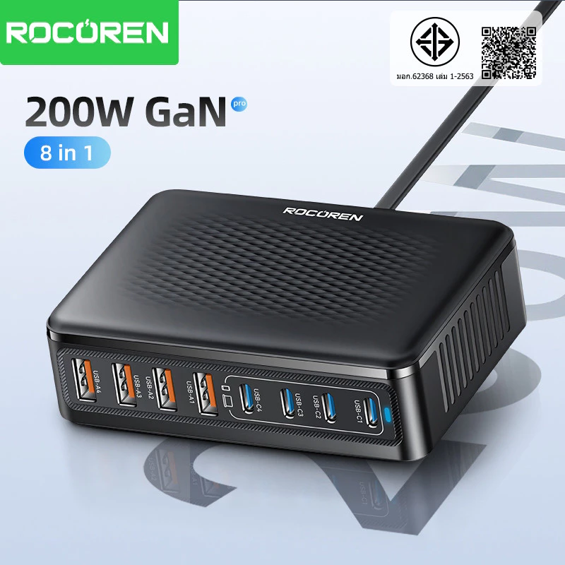 Rocoren Desktop USB Charger Type C 200W Fast Charging สถานีไฟฟ้าแบบพกพา 100W Multi Ports Charger สําหรับ iPhone Samsung