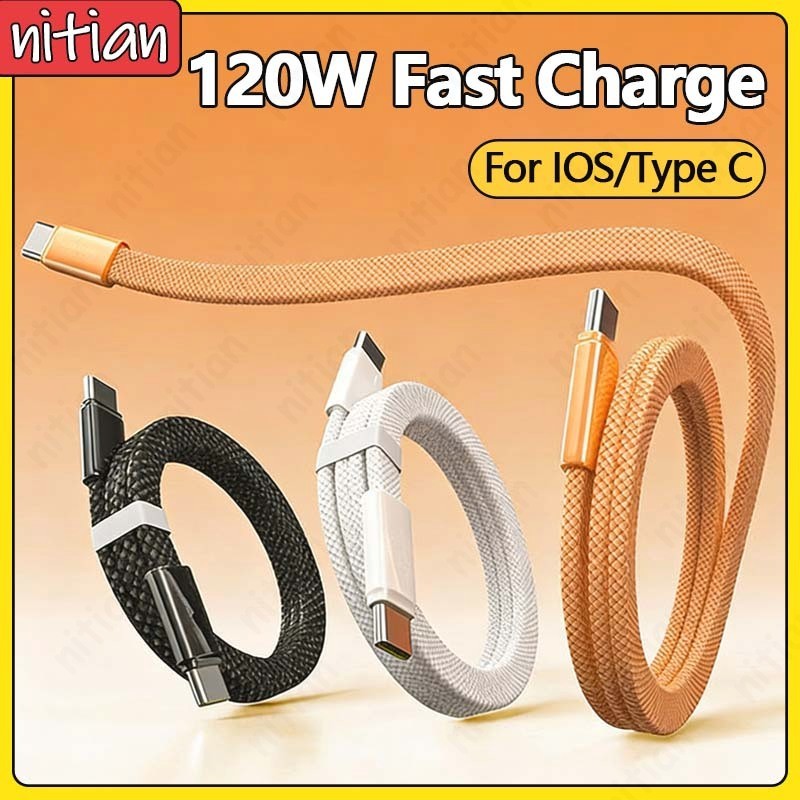 Type C ถึง Type C Ultra-Thin Braid Flat Date Cable 120W Super Fast Charge สายชาร์จโทรศัพท์ไนลอนถักสายชาร์จรถยนต์