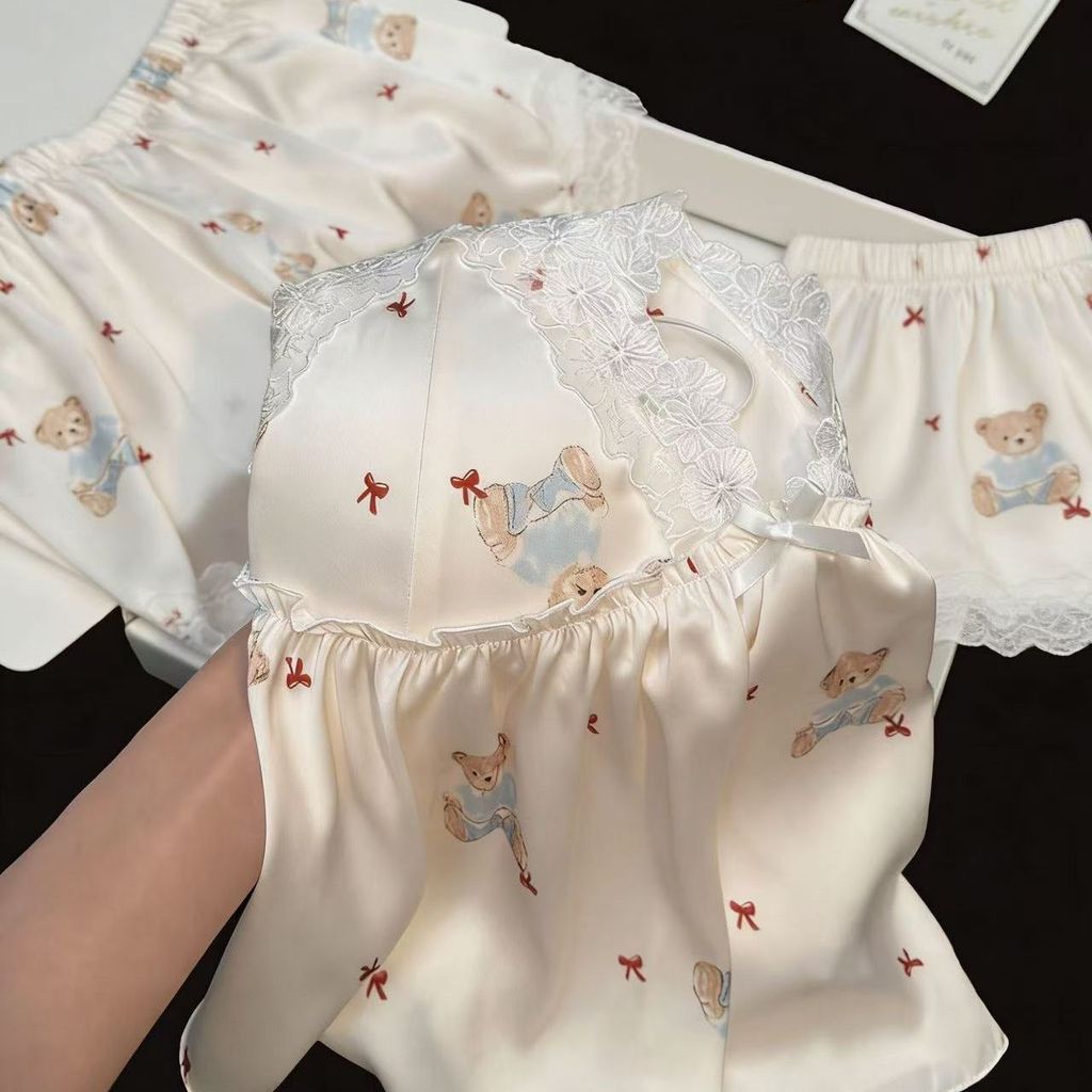 Gummy Bear Sweet Pyjamas Girly Must-Have Summer Pure Princess Style ชุดนอนสลิงสไตล์ตะวันตกชุดสองชิ้น