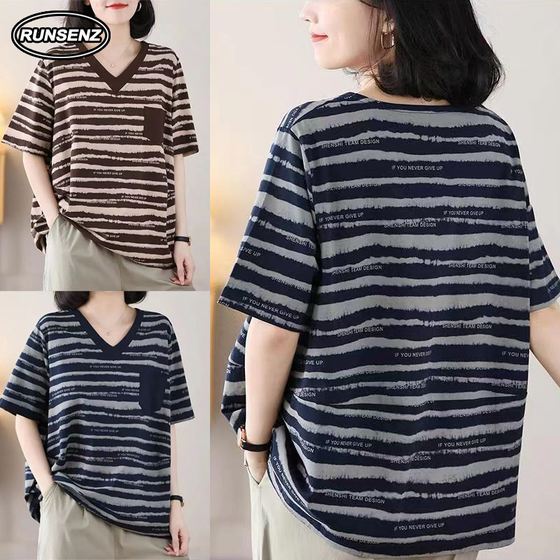 เสื้อยืดแขนสั้นลายทางไซส์บวก L-5XL