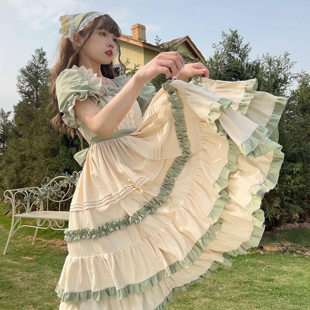 Lolita Lolita Lolita Lolita Dress สไตล์ Pastoral op เดรสแขนสั้น Street