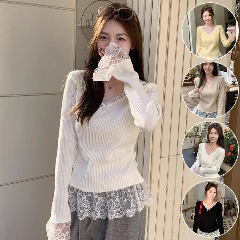 เสื้อไหมพรมผ้าร่องแขนยาวคอวี ดีไซน์แต่งลูกไม้ ทรงเข้ารูป สีพึ้นแมตช์ง่ายสไตล์เกาหลี ผ้านุ่มใส่สบาย J091