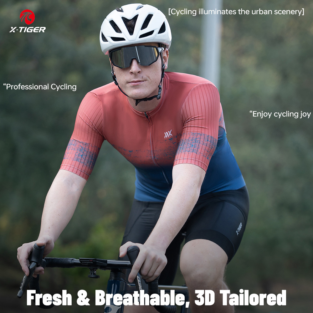 X-TIGER ผู้ชายขี่จักรยาน Jersey แขนสั้นฤดูร้อนน้ําหนักเบา Quick Dry Stripe Design ซิลิโคน Anti Slip Hem