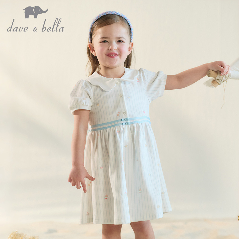Dave Bella 6M-9Y ชุดเดรสลายสก็อต ผ้าฝ้ายแท้ แขนสั้น เด็กผู้หญิง ฤดูร้อน คอกลม แฟชั่นน่ารัก DB2252334