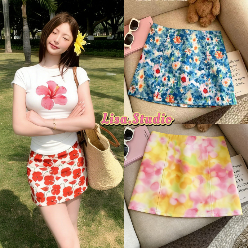 Lisa🎀พร้อมส่ง 🍥กระโปรงเอวต่ำลายภาพวาดสีน้ำมันชายหาดแฟชั่น สวยงามตัวเอวี ทันสมัยสำหรับสตรี