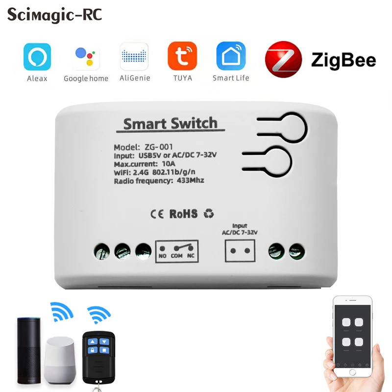 Zigbee สมาร์ทรีเลย์โมดูลสวิทช์ 1CH 12V 24V 220V 110V RF433 Wireless APP รีโมทคอนโทรลทํางานร่วมกับ Tu