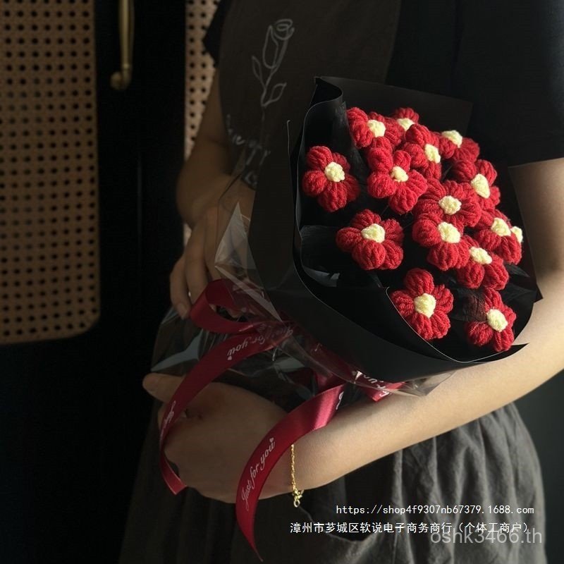 ทําด้วยมือผลิตภัณฑ์สําเร็จรูปช่อดอกไม้ถักวันครูกุหลาบผู้ชายผู้หญิงถักของขวัญวันเกิดดอกทานตะวันปฏิบัต