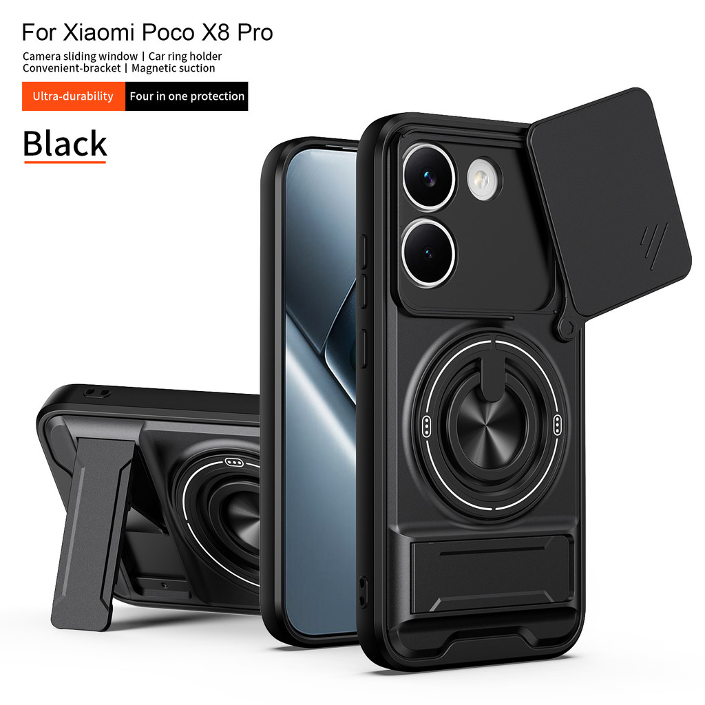 เคสกันกระแทกแม่เหล็กสําหรับ Xiaomi Poco X8 Pro Max เกราะป้องกันเต็มรูปแบบเคสโทรศัพท์พร้อมที่วางแหวนฝาครอบกล้องสไลด์