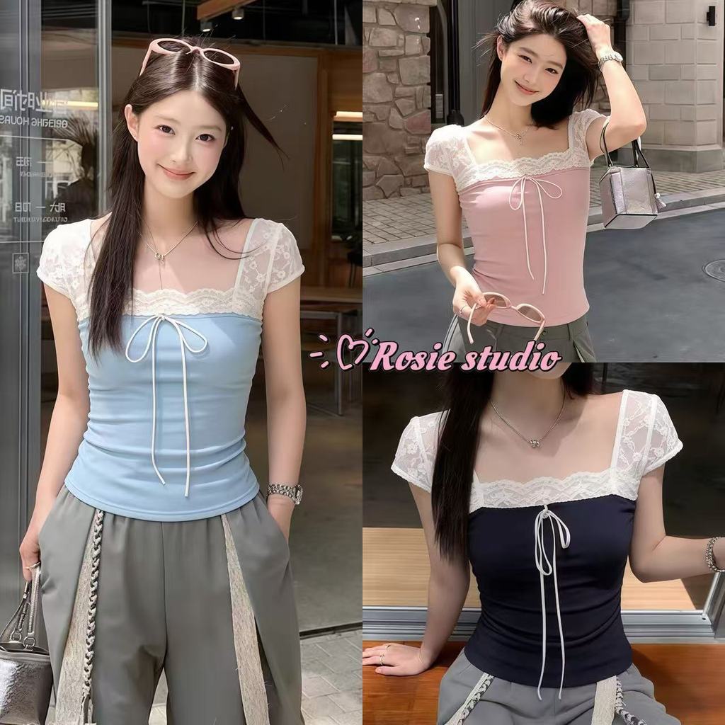 Rosie พร้อมส่ง เสื้อครอปแขนสั้นคอสี่เหลี่ยม แต่งลูกไม้และโบว์ดีไซน์เก๋ ทรงลำลองสไตล์ฝรั่งเศส แฟชั่นผู้หญิงทันสมัย