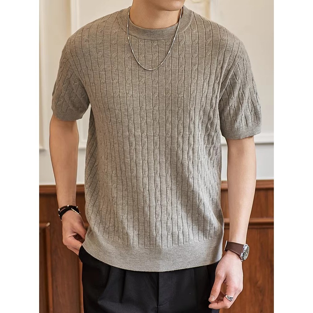 Old Money Style Jacquard Business Casual อินเทรนด์เสื้อกันหนาวผู้ชายเสื้อยืดแขนสั้น