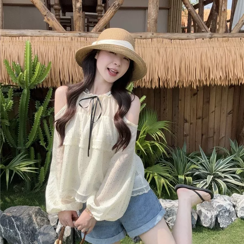 LINNA~Xคอวี โบว์ ผูกขึ้น แขนยาว เสื้อเชิ้ต รุ่นใหม่ สไตล์หวาน
