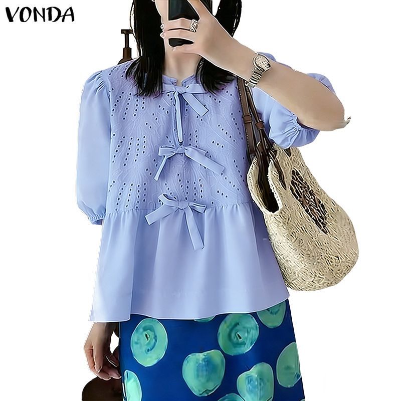 VONDA เสื้อผ้าสไตล์เกาหลีสำหรับผู้หญิง ดีไซน์โบว์เนค คอปักแพทเวิร์คและระบายพัฟแขนหลวม