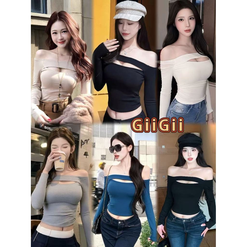 พร้อมส่งจากไทย เสื้อท่อนบน แขนยาว ปาดไหล่ ดีไซน์หวานเซ็กซี่ ใส่สวย ผ้ายืด ใส่สบาย 5สี GiiGii