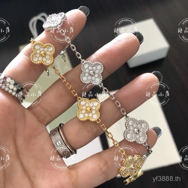 Spike Poetry House ️ Real Shot s925 เงินสเตอร์ลิงหนาชุบทองชั้นห้าดอกไม้เพชรเต็ม K สร้อยข้อมือ C8I9