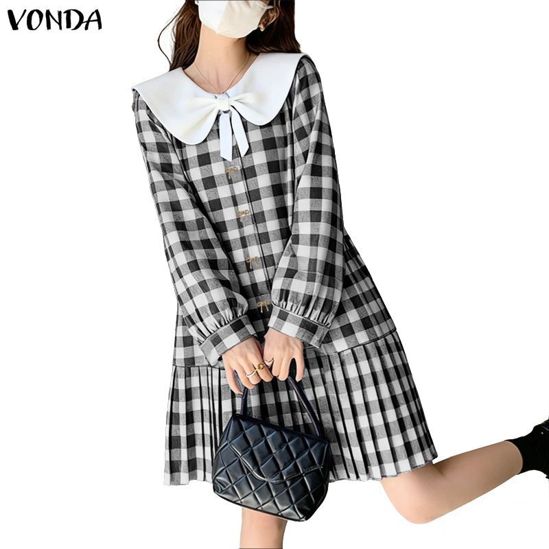 VONDA تنورة كورية بياقة دمية وفيونكة وكسرات كاروهات