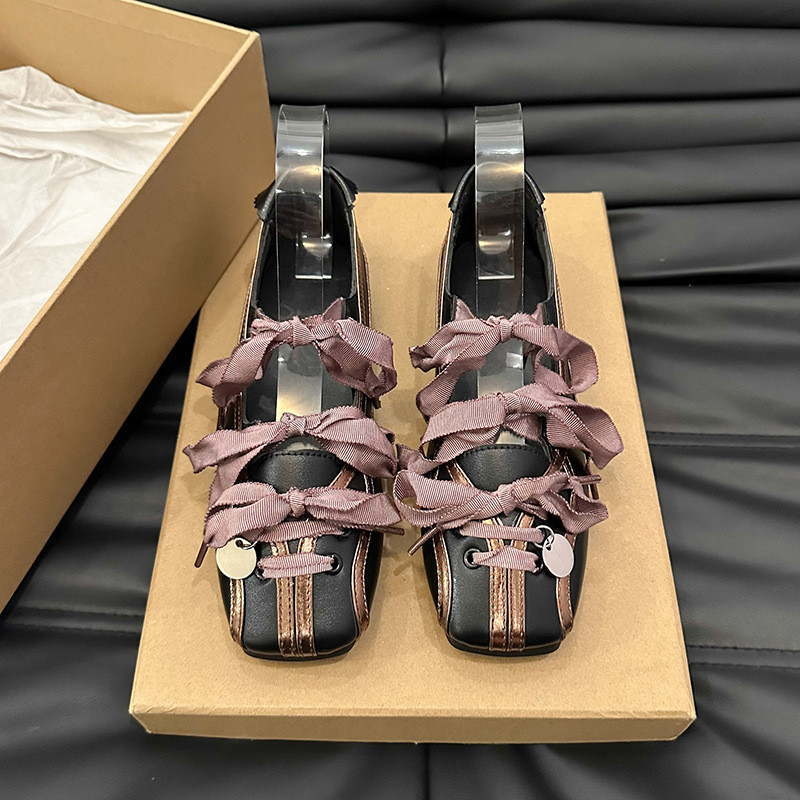 Niche Ballet Style Bowling Shoes 2024 สไตล์ใหม่ Bow Lace-Up Mary Jane รองเท้าแบนกีฬารองเท้าผู้หญิง
