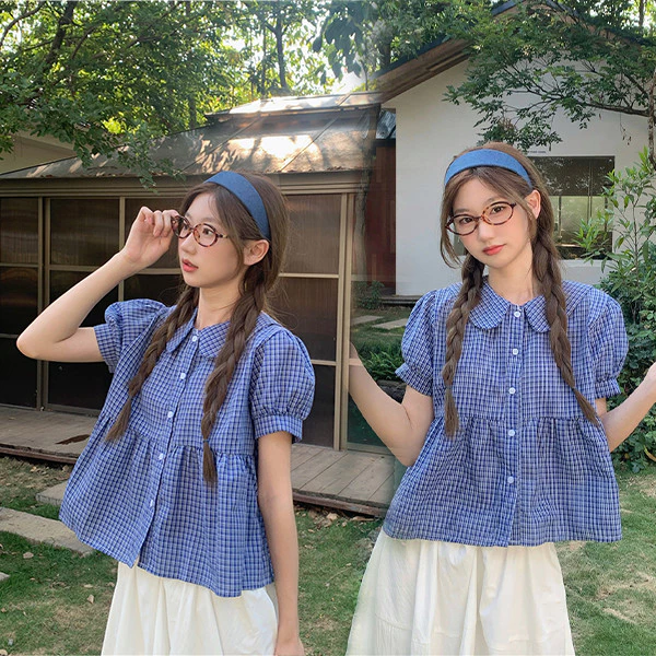 Red Berry เสื้อเชิ้ตแขนสั้นลายตารางหมากรุก ดีไซน์สไตล์เกาหลี คอปกปีเตอร์แพน W700