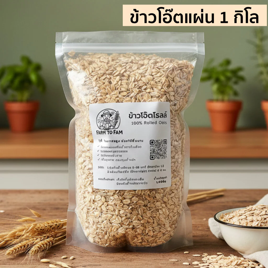ข้าวโอ๊ตรีดแผ่น 1 กิโล Farm to Fam Rolled Oats คุมหิว อิ่มนาน ไม่เติมน้ำตาล อาหารคลีน