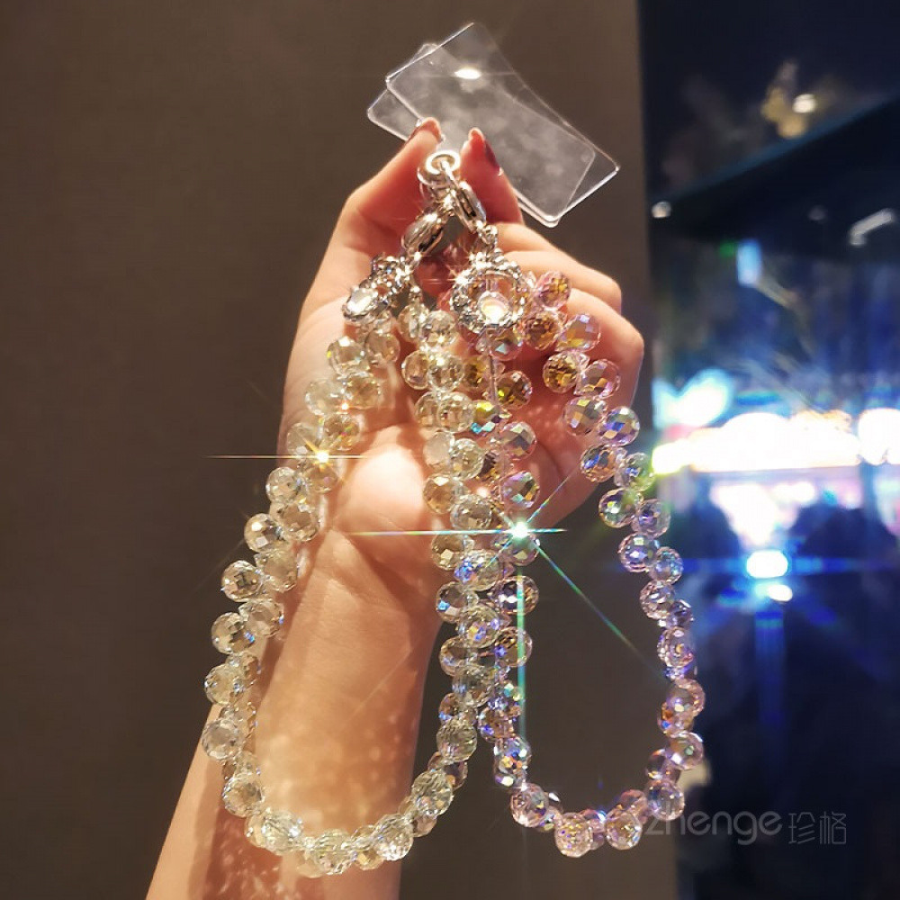 เชือกห้อยโทรศัพท์มือถือ คริสตัลหยดน้ําลูกปัดสั้นมือถือโซ่ข้อมือลวดสลิงลูกปัดแฮนด์เมด อิน ลมแฟลชเพชรสไตล์ผู้หญิง