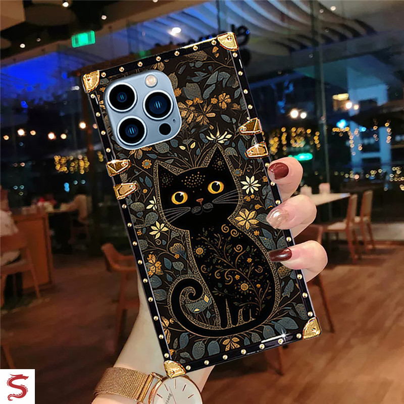 ปลอก iphone 16 Pro Max 17 Air 15 14 13 12 11 14Plus 15Plus แฟชั่นดอกไม้แมวดํารูปแบบเคสโทรศัพท์สี่เหลี่ยมฝาครอบกันกระแทก - รูปที่ 2