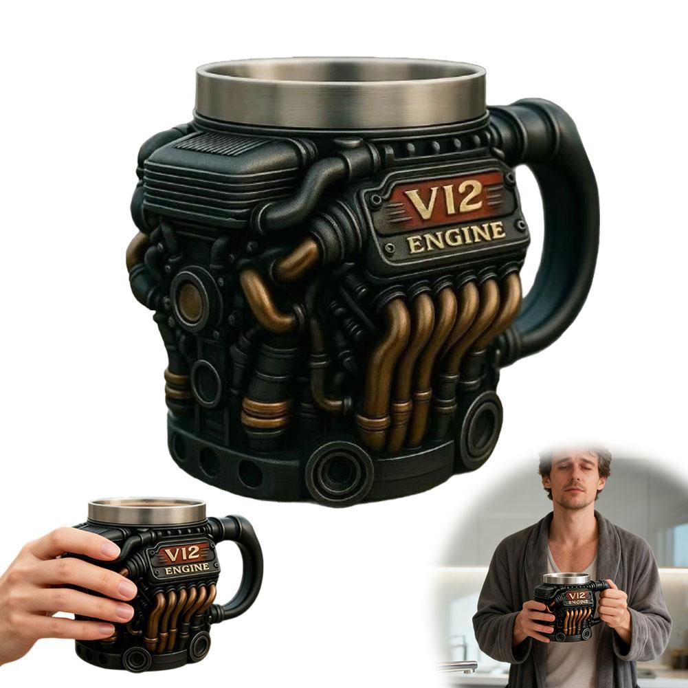 Retro Engine Mug V12 Engine 3D แก้วกาแฟพร้อมที่จับสําหรับพ่อสามีผู้ที่ชื่นชอบรถ